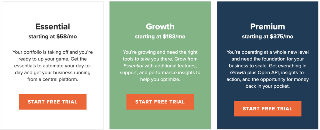 Discover our three pricing plans: Essential at $58/month, Growth at $183/month, and Premium at $375/month. Perfect for those scaling their business and optimizing success, each plan features a "Start Free Trial" button. Wondering how to open an escrow account? We've got you covered along the way!